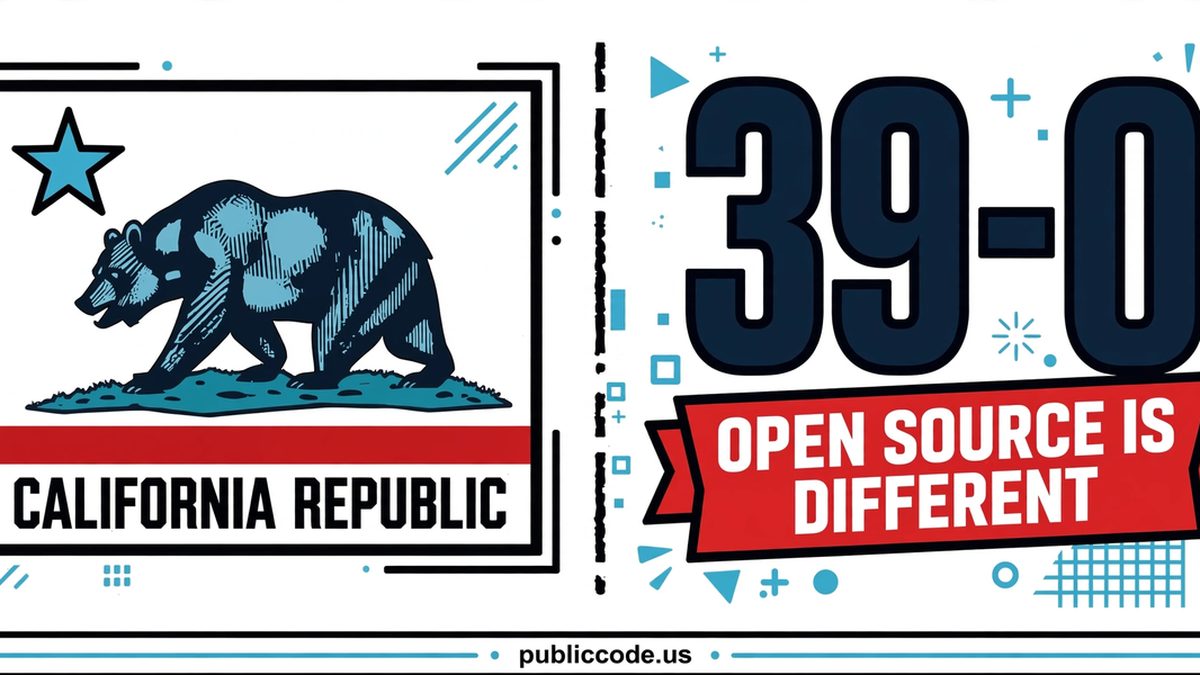 The California bear flag beside a giant 39-0 vote tally and the words open source is different