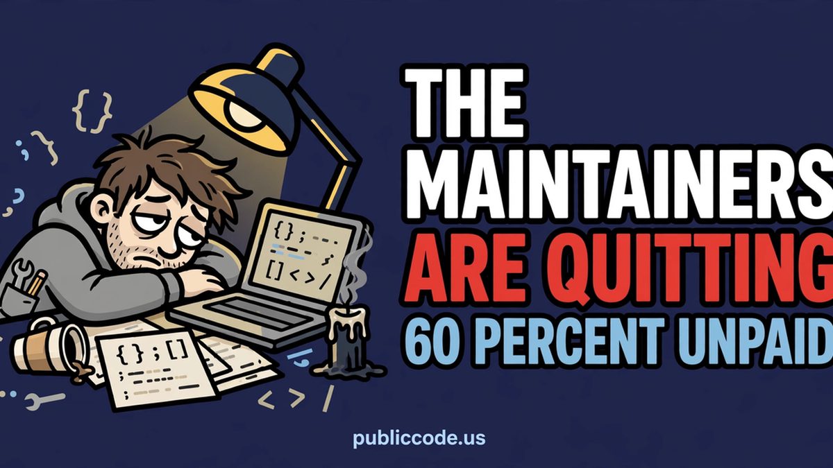 An exhausted maintainer at a desk under a dim lamp with the words the maintainers are quitting and 60 percent unpaid
