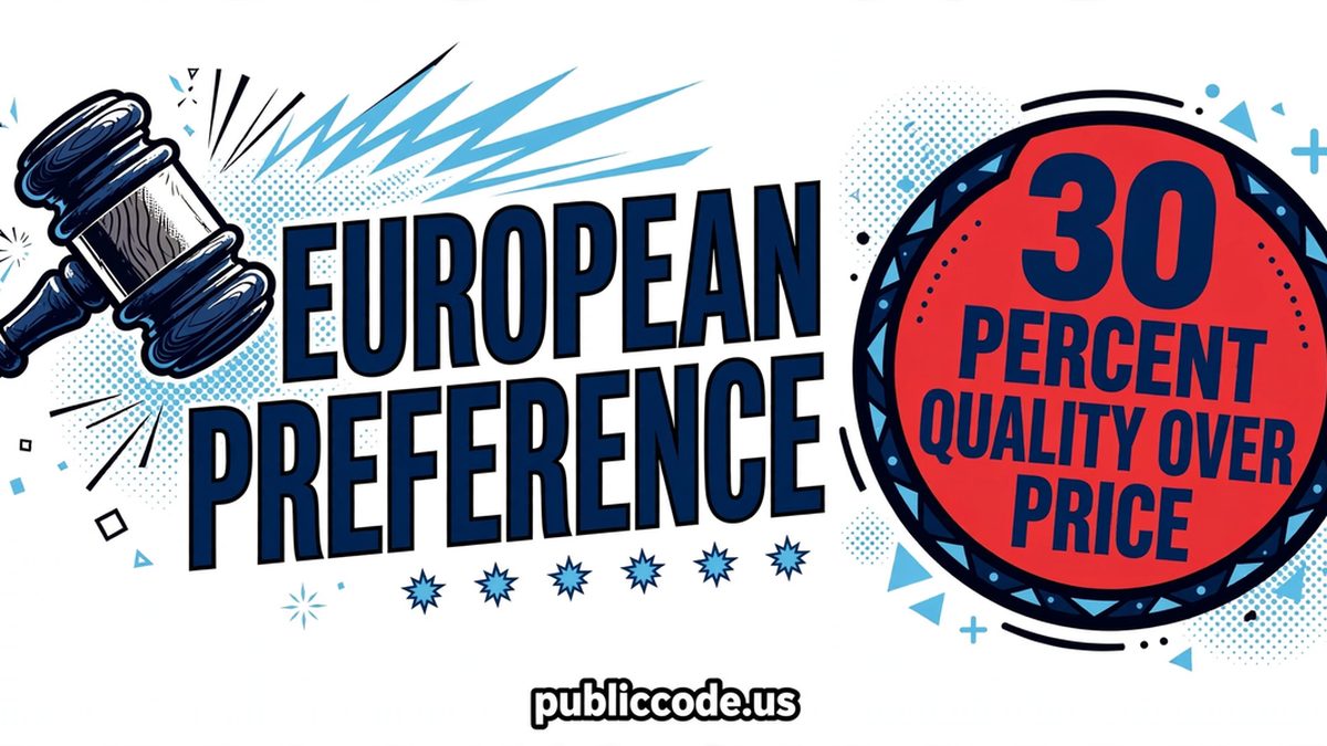 A gavel striking beside the words European preference with a 30 percent quality-over-price badge