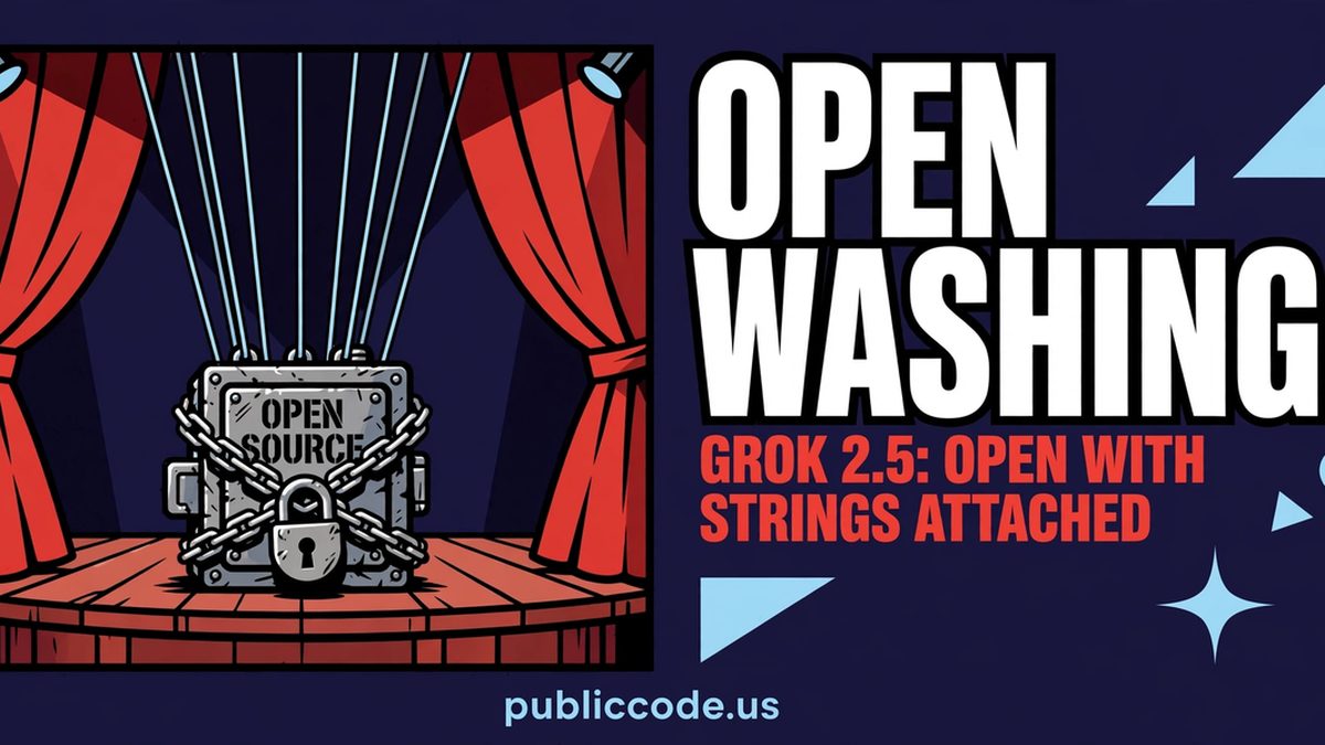 A theater stage curtain pulled back to reveal a locked model box labeled open source with strings attached