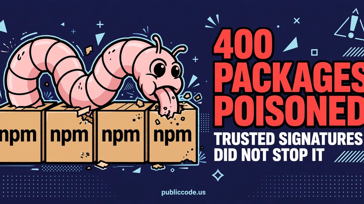 A worm eating through a stack of package boxes with the words 400 packages poisoned and trusted signatures did not stop it