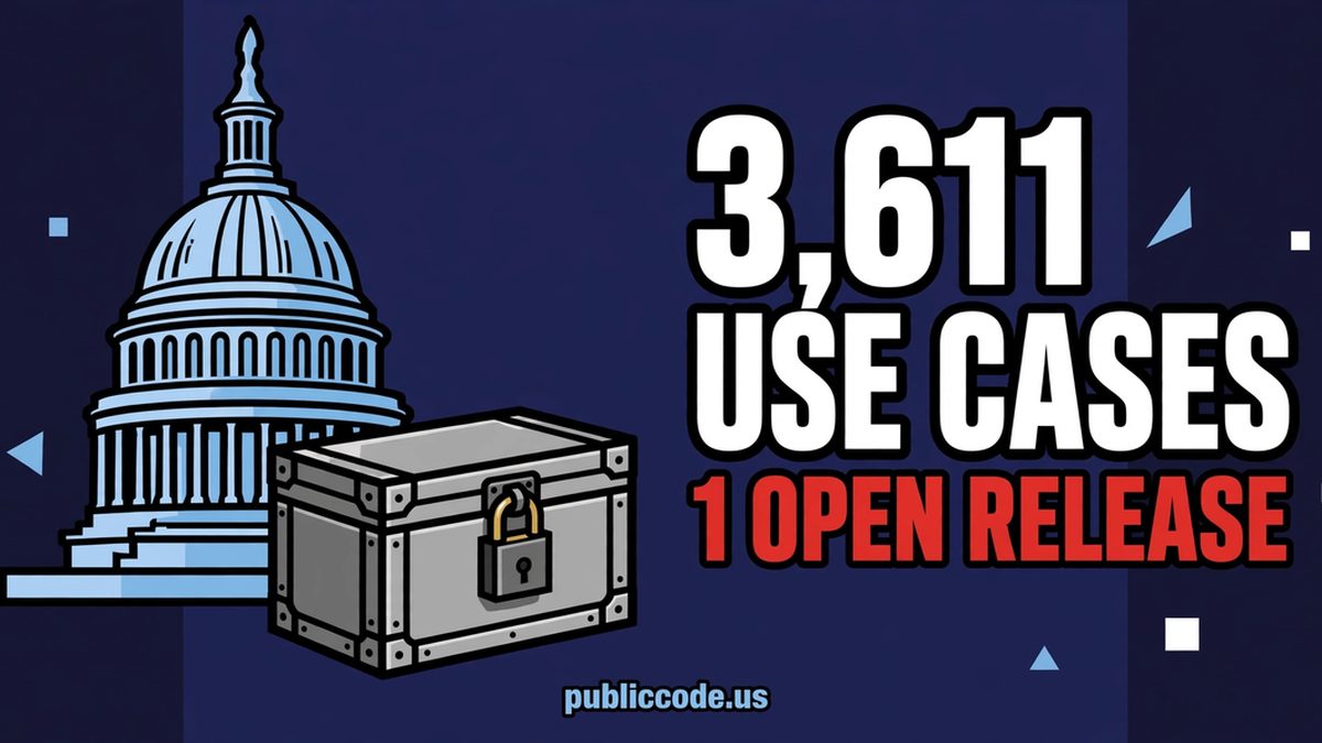 The US Capitol beside a locked model box with the figures 3,611 AI use cases and 1 open weight release