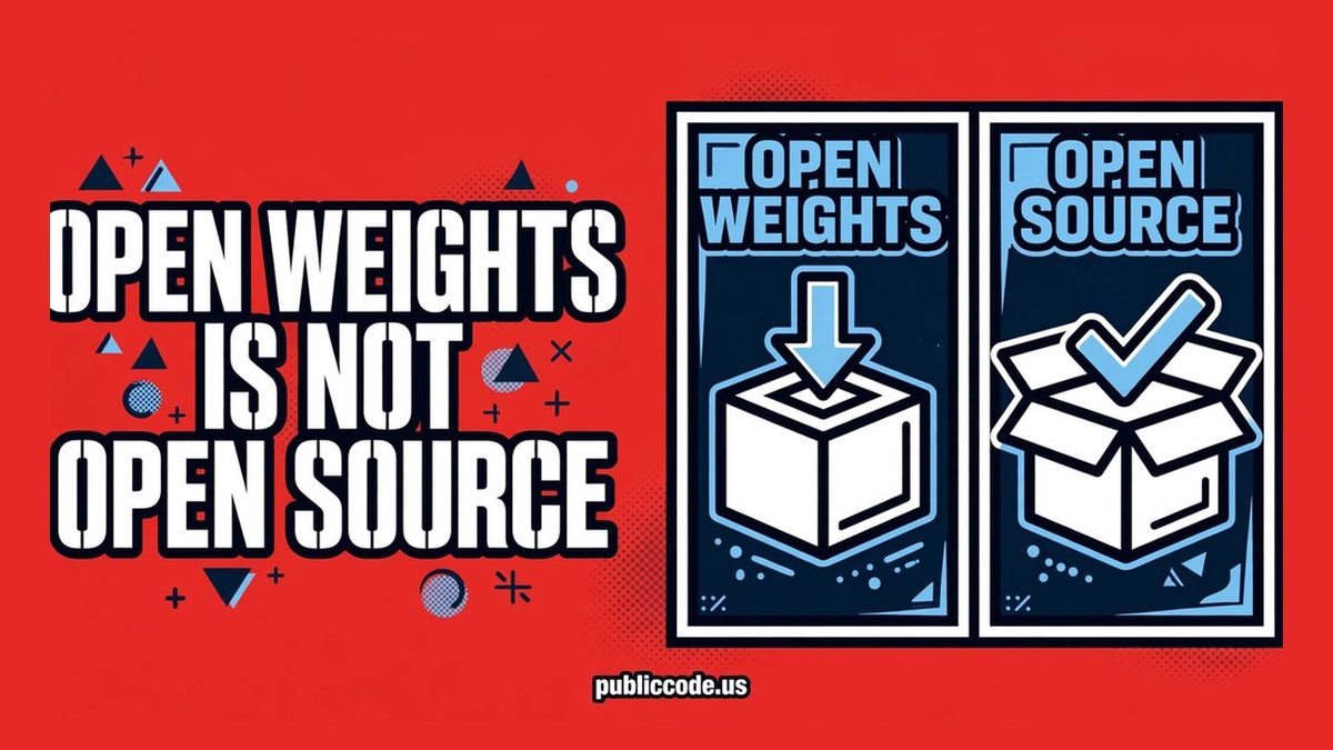 Split comparison: downloadable model weights labeled open distribution versus fully open source AI with open code, data, and weights