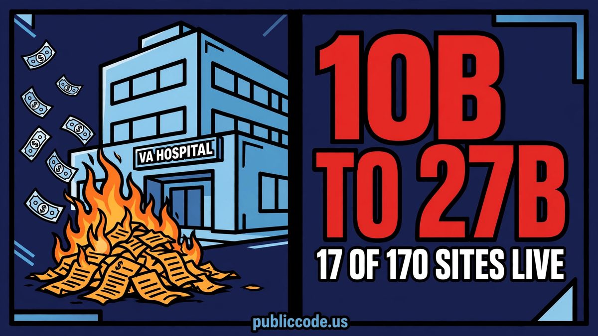 A VA hospital beside a burning pile of contract papers with the figures $10B to $27B and 17 of 170 sites live